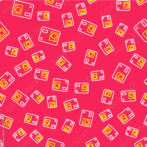 Line Action extreme camera icon isolated seamless pattern on red background. Video camera equipment for filming extreme sports. Vector