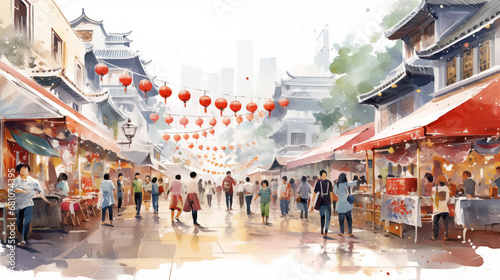 A bustling street scene during Chinese New Year market, Chinese New Year, watercolor style, white background, with copy space