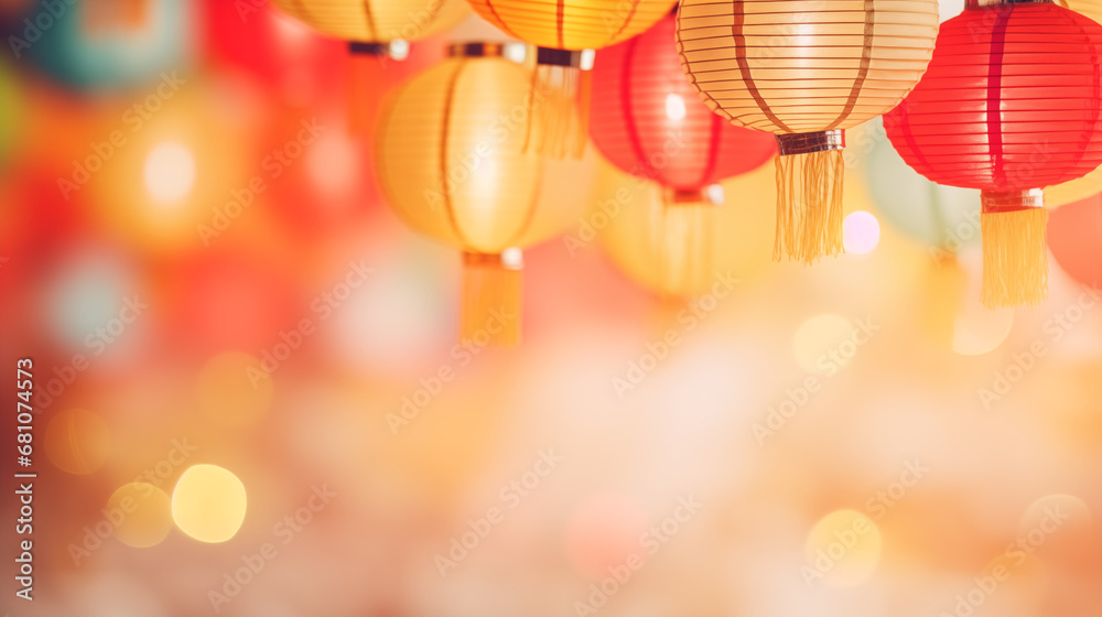A set of colorful Chinese paper lanterns, Chinese New Year gifts, blurred background, bokeh, xmas, with copy space A set of colorful Chinese paper lanterns, Chinese New Year gifts, blurred background, bokeh, xmas, with copy space