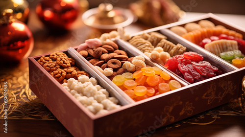 A box of assorted traditional Chinese sweets and snacks  Chinese New Year gifts  blurred background  bokeh  xmas  with copy space