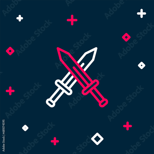 Line Crossed medieval sword icon isolated on blue background. Medieval weapon. Colorful outline concept. Vector