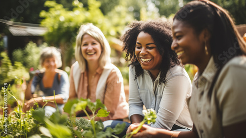 A group of women from various ethnic backgrounds participating in a community garden, diverse ethnicities, blurred background, bokeh, with copy space