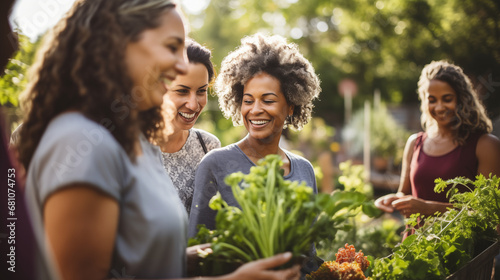 A group of women from various ethnic backgrounds participating in a community garden, diverse ethnicities, blurred background, bokeh, with copy space © Катерина Євтехова