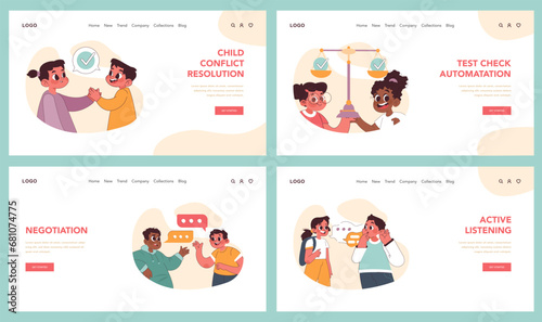 Child Conflict Resolution set. Strategies for peaceful interactions among children. Win win solutions, compromise, and active listening skills. Flat vector illustration