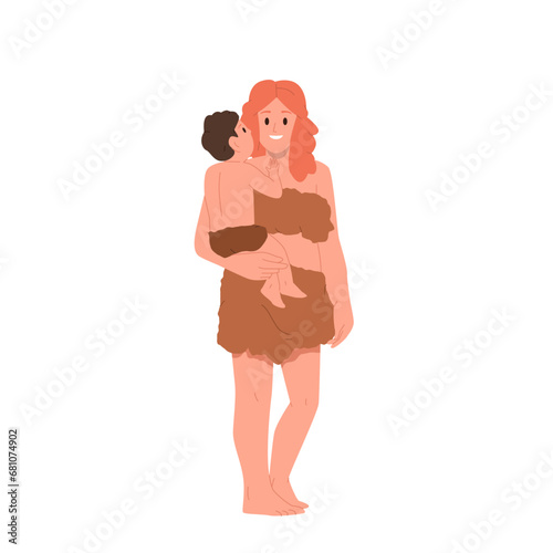 Stone age era tribal cavewoman holding baby vector illustration isolated on white background