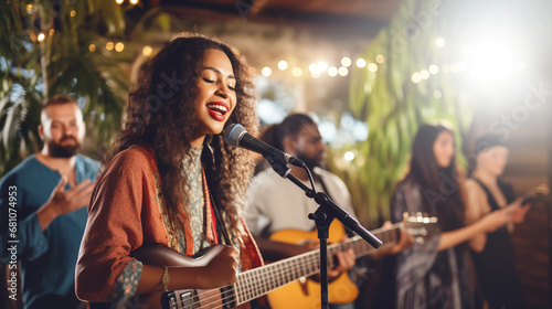 A band consisting of members from various ethnic backgrounds performing at an event, diverse ethnicities, blurred background, bokeh, with copy space