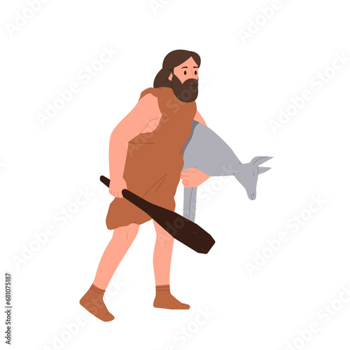 Caveman cartoon character in tribal clothes carrying hunted goat animal for dinner isolated on white