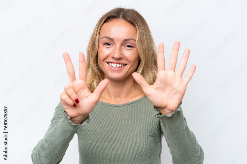 Young Russian woman isolated on white background counting eight with fingers Young Russian woman isolated on white background counting eight with fingers