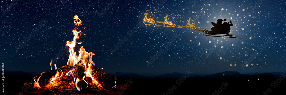 Naklejka premium a Santa Claus flies against the background of the moon on Christmas Eve