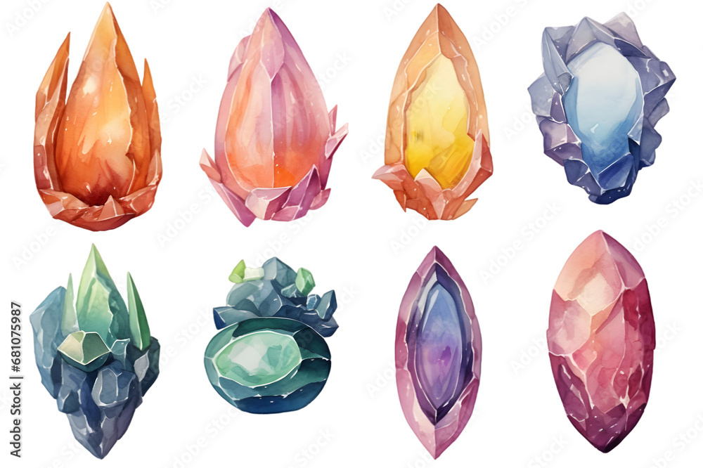Set of Fantasy stone game watercolor elements design isolated on transparent background