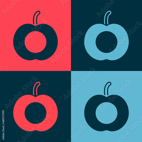 Pop art Peach fruit or nectarine with leaf icon isolated on color background. Vector
