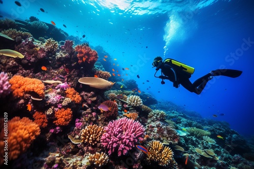 Enchanting Underwater Exploration. Scuba Diver Immersed in Vibrant Tropical Fish Paradise © Александр Переверзев