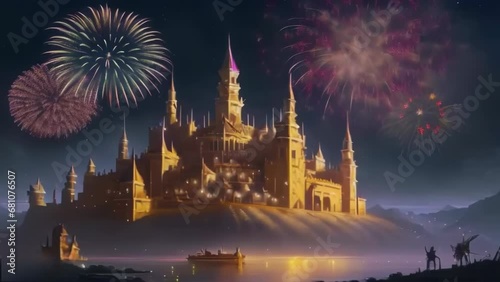 A giant castle around the hosa, floating ships and fireworks shooting in the night sky. A short video of colorful fireworks. photo