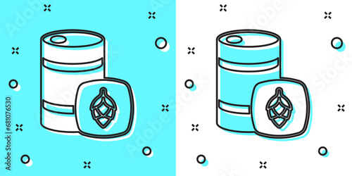 Black line Metal beer keg icon isolated on green and white background. Random dynamic shapes. Vector