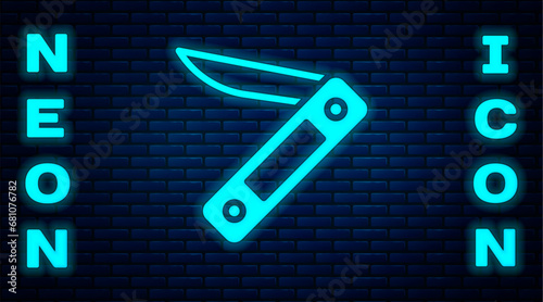 Glowing neon Swiss army knife icon isolated on brick wall background. Multi-tool, multipurpose penknife. Multifunctional tool. Vector photo