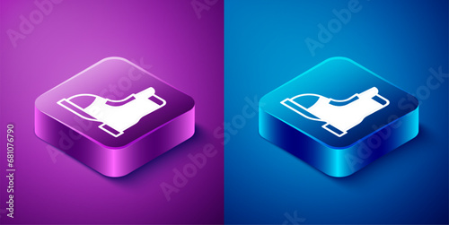 Isometric Hunter boots icon isolated on blue and purple background. Square button. Vector photo