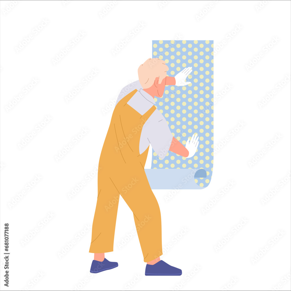 Isolated handyman cartoon character applying wallpaper engaged in remodeling of home apartment