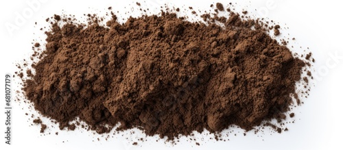 Scattered soil pile on white background top view Copy space image Place for adding text or design