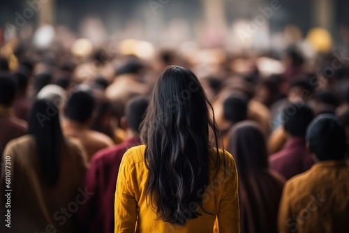 Lonely Sad Indian Woman Standing in Big Crowd generative ai