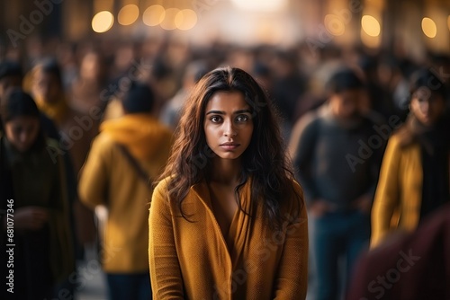 Isolated Amidst Motion: Sad Indian Woman Lost in a Crowd's Blur generative ai © RamvijayB