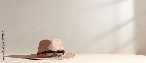 Photo shoot accessories for social media picture hat sunglasses softbox speedlight strobe white umbrella textured wall backdrop Copy space image Place for adding text or design photo