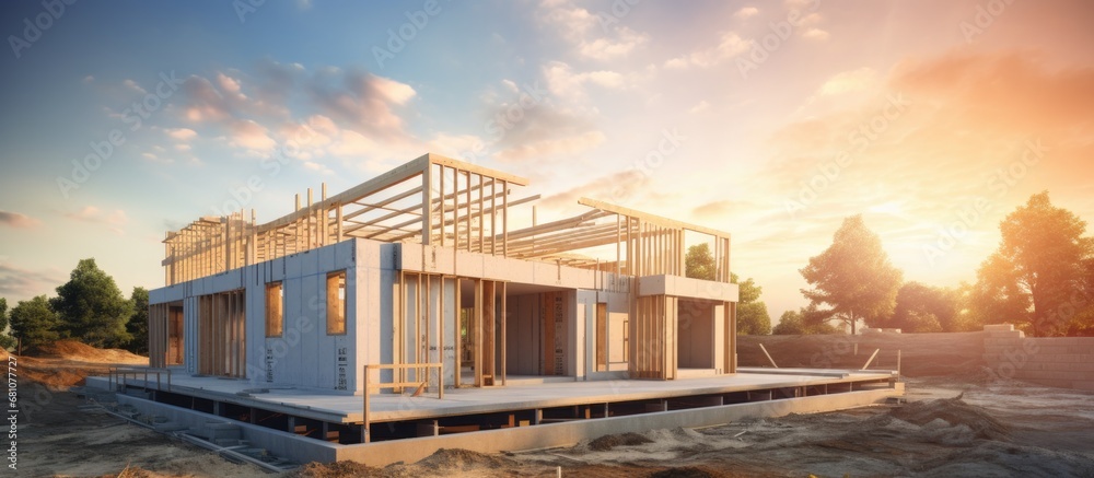 Prefabricated residential house being built on site Copy space image Place for adding text or design