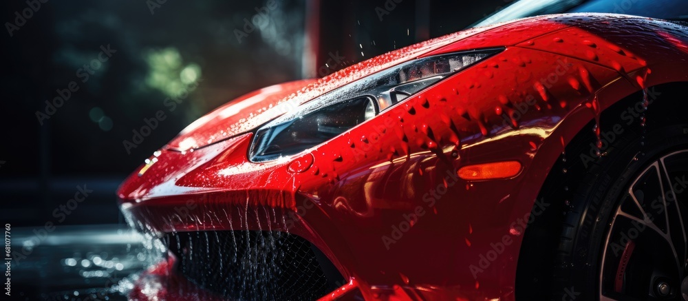 Shampooed red car headlights being cleaned at a dealership car wash Close up commercial shot of a fast car washed in a cinematic studio Copy space image Place for adding text or design - obrazy, fototapety, plakaty 