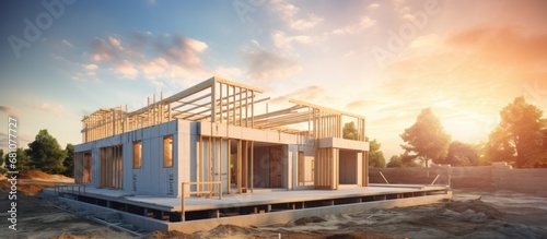 Prefabricated residential house being built on site Copy space image Place for adding text or design