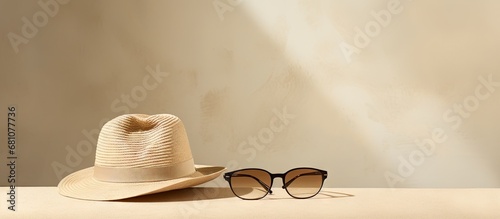 Photo shoot accessories for social media picture hat sunglasses softbox speedlight strobe white umbrella textured wall backdrop Copy space image Place for adding text or design photo