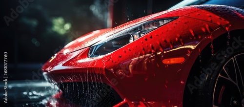 Shampooed red car headlights being cleaned at a dealership car wash Close up commercial shot of a fast car washed in a cinematic studio Copy space image Place for adding text or design