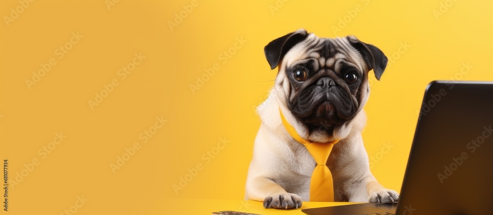 Pug dog in tie happy and working looking at laptop on yellow background Text space available Copy space image Place for adding text or design - obrazy, fototapety, plakaty 