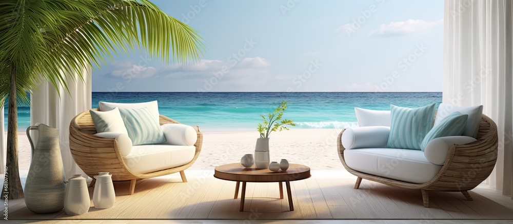 Rendered interior of a lounge at the beach Copy space image Place for adding text or design Rendered interior of a lounge at the beach Copy space image Place for adding text or design