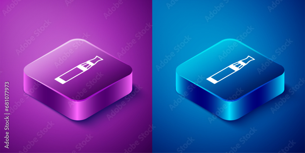 Isometric Electronic cigarette icon isolated on blue and purple background. Vape smoking tool. Vaporizer Device. Square button. Vector