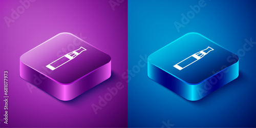 Isometric Electronic cigarette icon isolated on blue and purple background. Vape smoking tool. Vaporizer Device. Square button. Vector
