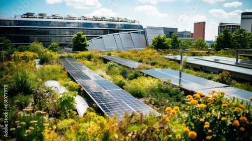Green roofs with solar integration. Rooftop garden with integrated solar panels. Concept Sustainability, green energy, urban gardening, renewable resources. photo