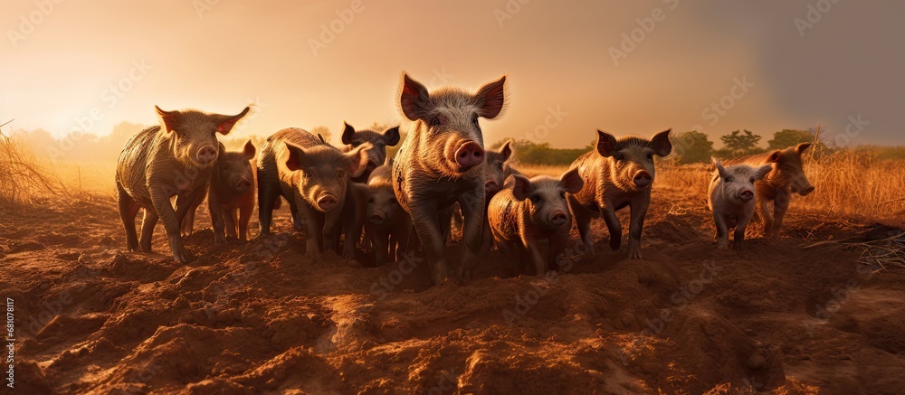 Obraz premium Pigs grazing in a field piglets and mother feeding muddy swine in golden sunset Copy space image Place for adding text or design
