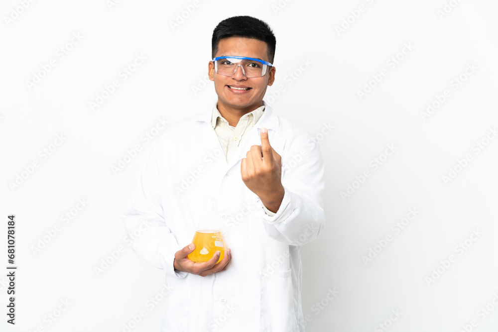 Young Ecuadorian scientific man doing coming gesture