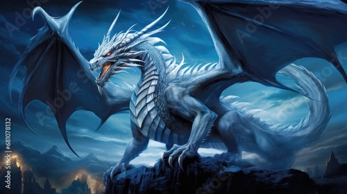  a white dragon sitting on top of a mountain in front of a blue sky with clouds and a full moon in the middle of the night, with it's wings spread out.