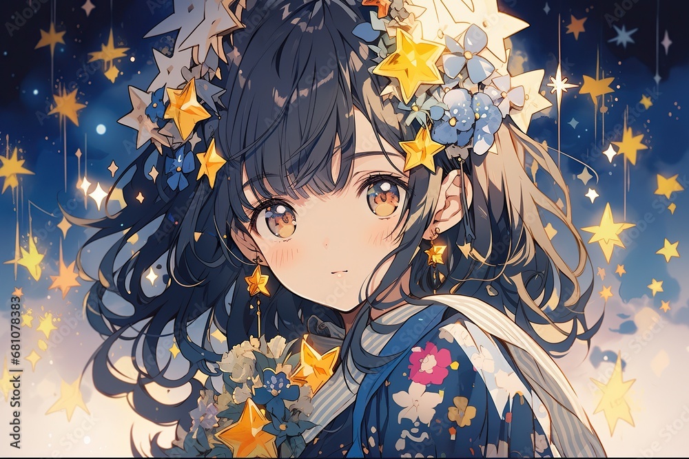 beautiful brunette anime girl, little stars and flowers in background, illustration