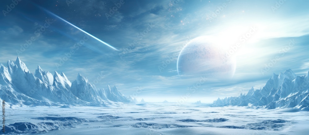 Sci fi background featuring a 3D illustrated ice planet Copy space image Place for adding text or design - obrazy, fototapety, plakaty 