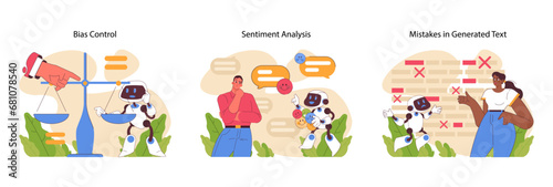 Fototapeta Naklejka Na Ścianę i Meble -  Natural language processing set. Ensuring fairness in AI, dissecting sentiment, and correcting generated text errors. Machine learning and replicating human speech features. Flat vector illustration