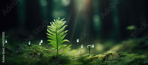 Searching for a magical fern flower during Latvia s dark forest Summer Solstice Copy space image Place for adding text or design photo