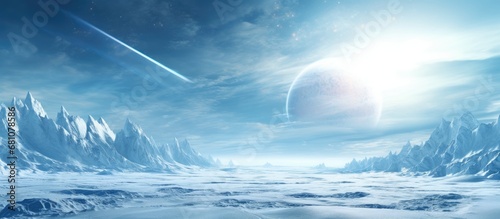 Sci fi background featuring a 3D illustrated ice planet Copy space image Place for adding text or design