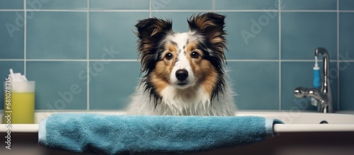 Shetland sheepdog bandaged by person in bathroom Copy space image Place for adding text or design © Ilgun