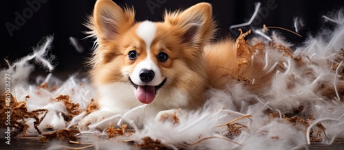 Shredded fur photo of a Pembroke Welsh Corgi Copy space image Place for adding text or design