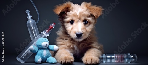 Reminder to vaccinate against rabies plague hepatitis parainfluenza coronavirus leptospirosis and adenovirus Syringe ampoules soft dog toy and treats Copy space image Place for adding text or d