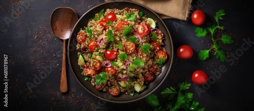 Quinoa salad with tomato and lettuce ideal for a healthy meal or snack Copy space image Place for adding text or design