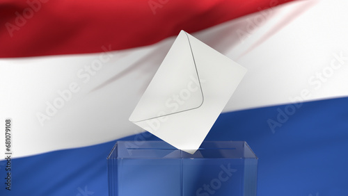 November 2023. A voting envelope placed in a transparent ballot box during elections. In the background the Dutch flag. Retouched photo with 3D rendering.
