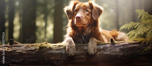Red retriever on log in forest nature pet photo Copy space image Place for adding text or design