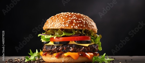 Plant based homemade burger with sweet potato black beans and brown rice on a wholegrain bun with light background and copy space Copy space image Place for adding text or design photo